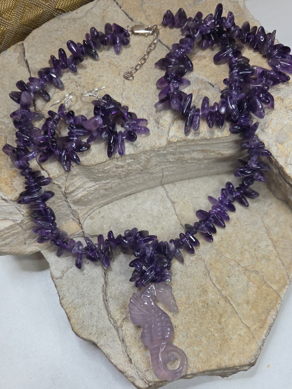 925 Sterling Silver Purple Amethyst Necklace Bracelet Earring Set Seahorse - Picture 6 of 10